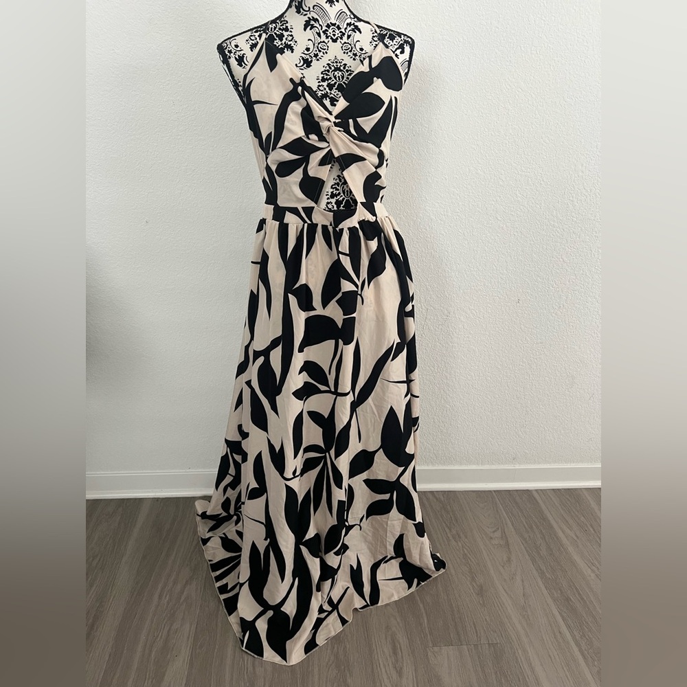 Yozy Black Cream Abstract Print Halter Maxi Dress XXL Boho Summer Resort